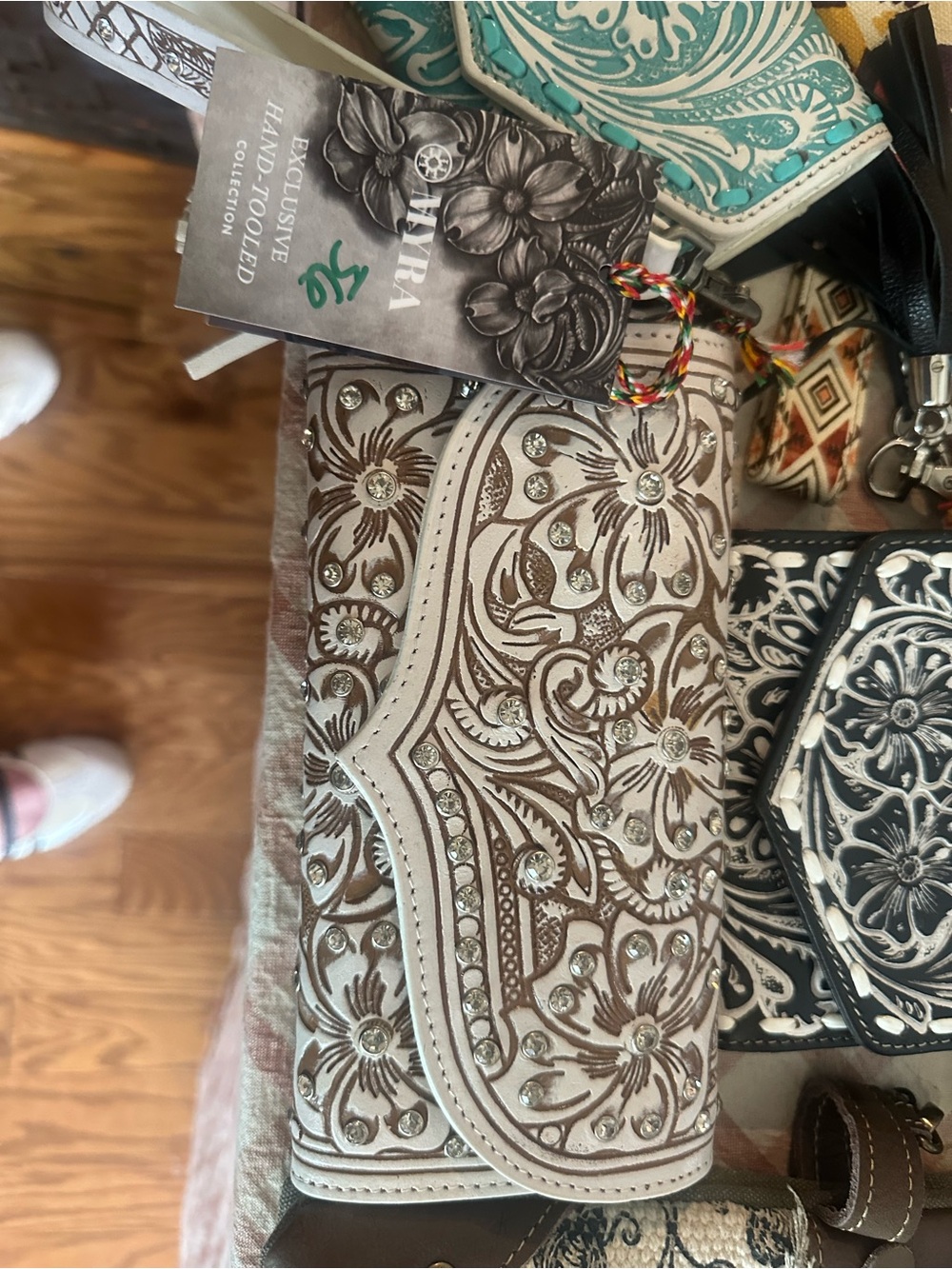 Myra Bag White and Brown Floral Tooled Rhinestone Wallet